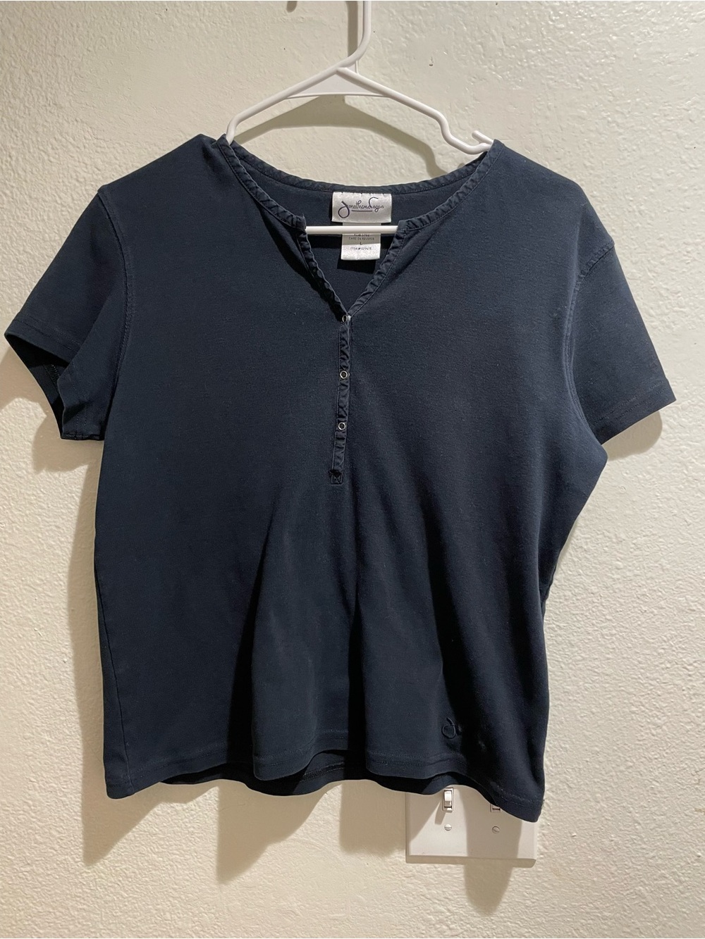 VTG Jonathan Logan Black Henley T-Shirt Womens L Notch Neck Short Sleeve 90s